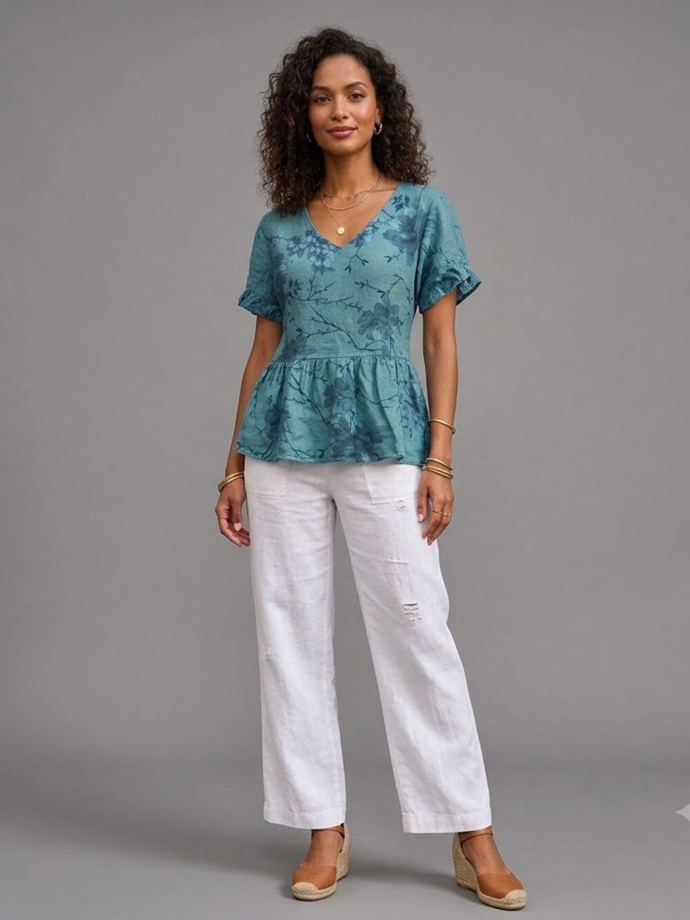 Valentina Naldi green/blue floral short sleeve Peplum linen Italy top, sz S